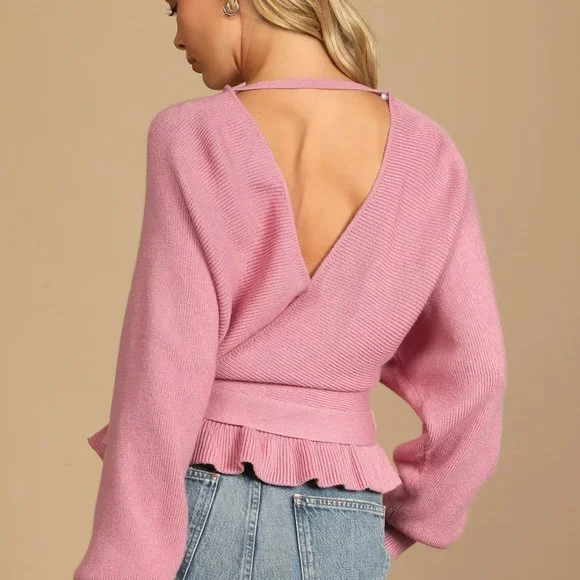 Lulus Rose Pink Knit Faux-Wrap Long Sleeve Sweater Size Medium - Picture 3 of 6